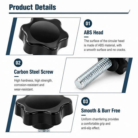 Kickass 10 Pack Black Star Knurled Thumb Screws featuring precision 1/4-20 thread size, ABS head, and carbon steel screw detail.