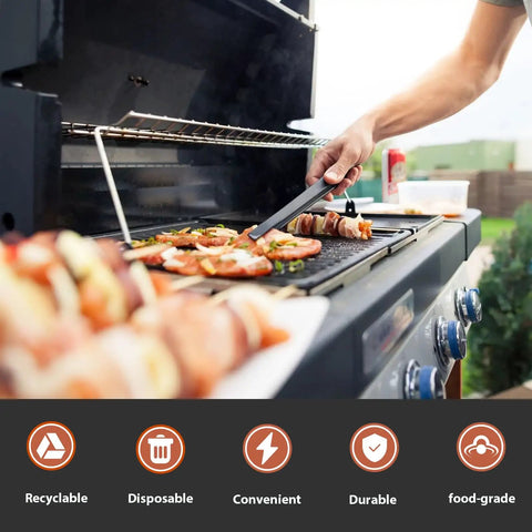 Person grilling skewers, adjacent to Grease Cup Liners For Blackstone Griddles 17 22 28 36 Inch Disposable Aluminum Drip Pan Liners.