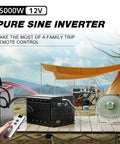 Beefy 5000 Watt Pure Sine Wave Power Inverter, 12V DC To 110V AC Converter With 10000W Peak, Remote LCD, Four AC Outlets, Dual USB Ports, Hardwire Setup, Zero Drama Rv Camper Van Solar Backup Power Station on outdoor table, with remote control and fan.