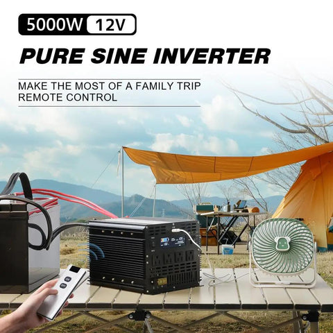 Beefy 5000 Watt Pure Sine Wave Power Inverter, 12V DC To 110V AC Converter With 10000W Peak, Remote LCD, Four AC Outlets, Dual USB Ports, Hardwire Setup, Zero Drama Rv Camper Van Solar Backup Power Station on outdoor table, with remote control and fan.