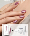 Semi-Cured Gel Nail Strips Value Set With Full Size Lamp And Mini Remover Bare Plum Starter Kit on nails and packaging