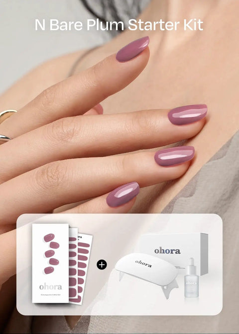 Semi-Cured Gel Nail Strips Value Set With Full Size Lamp And Mini Remover Bare Plum Starter Kit on nails and packaging