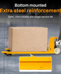 Heavy Duty Manual Pallet Jack Truck 6600 Lbs Capacity with reinforced base lifting a box on a warehouse floor.