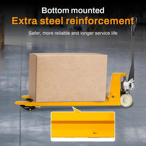 Heavy Duty Manual Pallet Jack Truck 6600 Lbs Capacity with reinforced base lifting a box on a warehouse floor.
