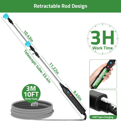 Cordless Battery Powered 33 Inch Garden Sprayer Wand No Fuss Easy To Use With 3 Adjustable Speeds 10 Foot Hose Black Handle