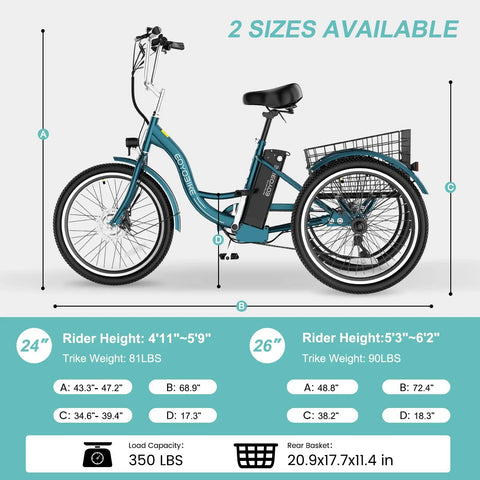 Electric Trike for Adults With Stable Three Wheel Design, Easy Low Step Frame, Up to 60 Mile Range, 24 or 26 Inch Wheels, Adjustable seat and rear basket shown