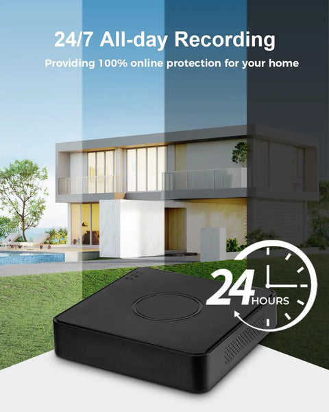 Four Channel 1080P Wired Home Security Camera System With 512GB HDD featuring 24/7 recording with a modern house background