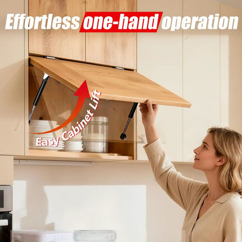 Person using 7 Inch 18 Lb Gas Struts For RV Cabinet Doors With Brackets Set Of 2 for easy lift and soft close of cabinet.