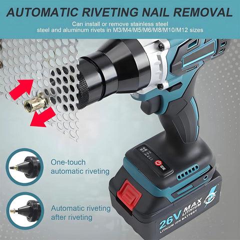 Heavy Duty Cordless Rivet Nut Gun With 26V Rechargeable Battery And M3 To M12 Mandrels showing automatic riveting feature.