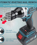 Heavy Duty Cordless Rivet Nut Tool With Pro Grade Rechargeable Battery And Complete Head Kit For M3 M4 M5 M6 M8 M10 M12 Blind Inserts Work Like A Champ Zero Hassle, showing automatic rivet removal feature.