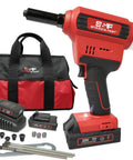 Brushless Cordless Rivet Gun Kit 1 Eighth Inch To 1 Quarter Inch Heavy Duty Pro Grade with case, batteries, charger, accessories.