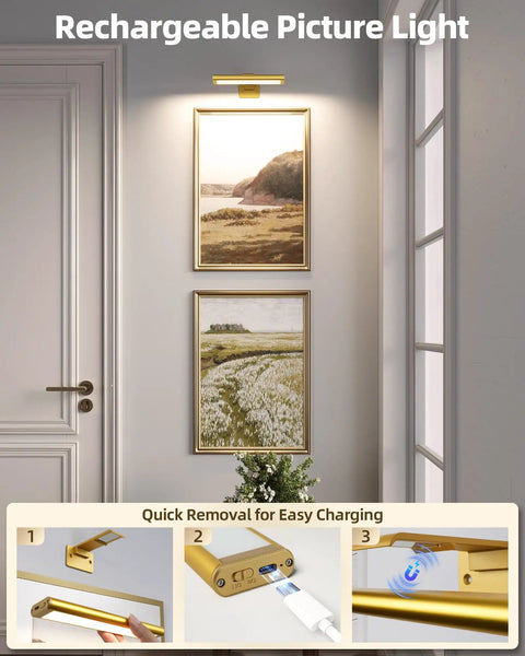 Rechargeable Picture Light For Wall With Remote Control Three Pack Sweet Stick On Magnetic Mount No Fuss Install Ultra Bright Frame Accent Lamp illuminating framed art in a hallway, showcasing charging process.