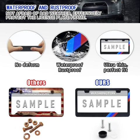 Comparison of Matte Aluminum Alloy License Plate Frame Kit For BMW Front And Rear Mount with other frame types, showcasing hardware included.