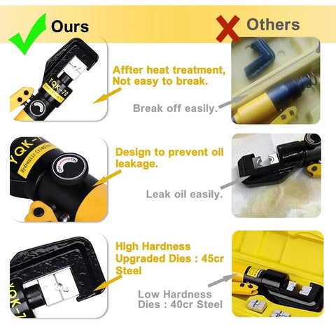 Comparison of 10 Ton Hydraulic Crimp Tool For Battery Cables, Lug Terminal Crimper With 9 Die Sets showing design and durability differences.