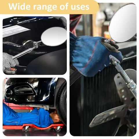 Telescoping Inspection Mirror With 360 Degree Rotation And Retractable Handle 3.16 Inch Diameter Circular Inspection Mirror For Tight Spots On Your Ride Extendable From 6.26 To 30 Inches Great For Car Maintenance is shown being used in tight car spaces.