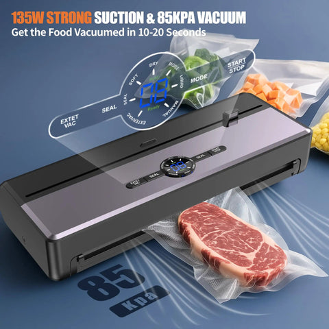 Vacuum Sealer for Food Storage with 85kPa Suction and Dry and Moist Modes, Auto Seal in 10 to 20 Seconds, showing vacuum bags and interface