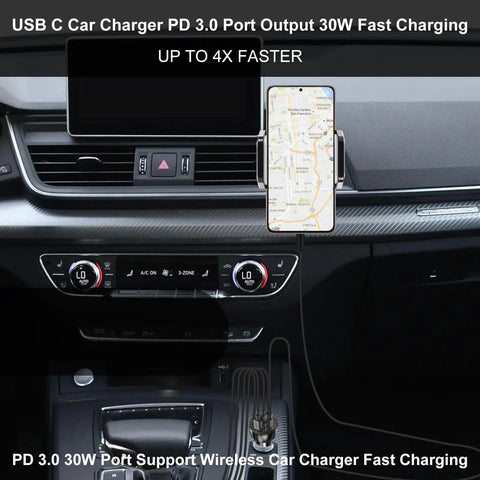 Keep Your Road Trip Vibe Tight With This Solid 5 Port Usb C Car Charger Delivering PD 75W Fast Charge To Power Up Every Gadget While Cruising Down The Interstate in car interior with smartphone.