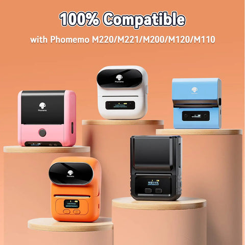 Heavy Duty Thermal Sticker Label Paper For M120 M110 M220 M250 M150 Label Makers displayed with compatible Phomemo printers.