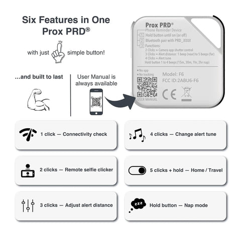 Single-unit white proximity alert device with labeled buttons, "Never Forget Your Phone Again With This Proximity Alert Device For Phone Separation No Subscriptions Keeps You Connected Within 50 To 150 Feet At Home Work Restaurant Or Car While Providing Alerts That Trigger When You Leave Your Phone Behind."