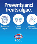 Swimming Pool Algaecide Clarifier Heavy Duty Solution Crushes Stubborn Algae For Good While Sweeping Out Gunk To Keep Your Water Crisp Clear As Glass In A 128 Oz Container, features icons for algae prevention, water clarity, and salt compatibility.