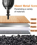 Self Tapping Metal Screws Kit Size Eight In 410 Stainless Steel Black Oxide Truss Head shown penetrating wood, metal, plastic, floor slab