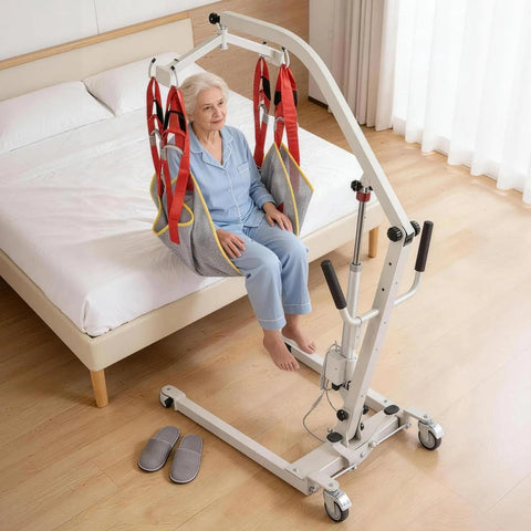 Rock Solid Heavy Duty Electric Patient Lifter 510lb Homecare Transfer Hoist with an elderly person seated in a sling, indoors.