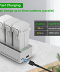 Two-Way Battery Charging Hub For LITO X1 And LITO 1 Drones with 3 slots, connected to power source, fast charging feature shown