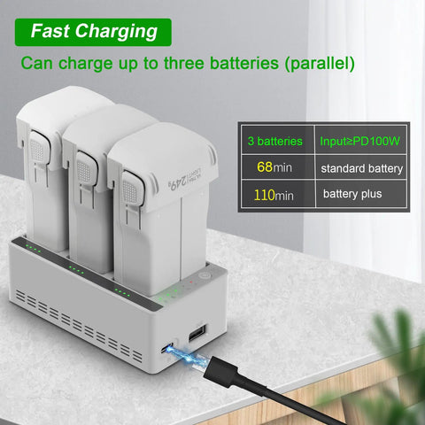 Two-Way Battery Charging Hub For LITO X1 And LITO 1 Drones with 3 slots, connected to power source, fast charging feature shown