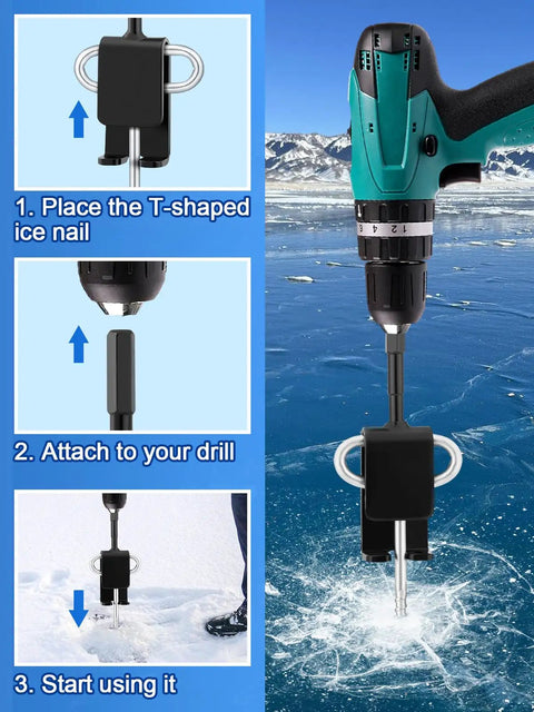 Universal Ice Anchor Tool Kit For Ice Fishing Shelters, Drill Adapter For 1/2 Inch And 1/4 Inch Bits, includes instructions