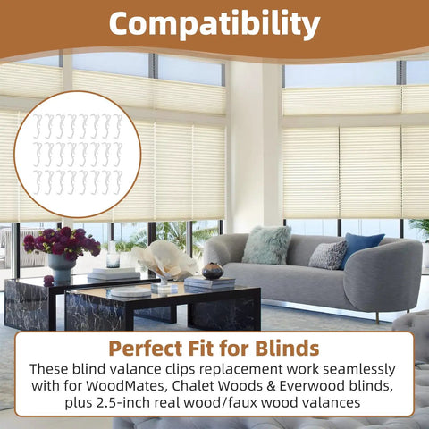 Rock Solid 24 Pack Clear Valance Clips For 2.5 Inch Blinds And Window Shades set on window blinds with faux wood treatments.