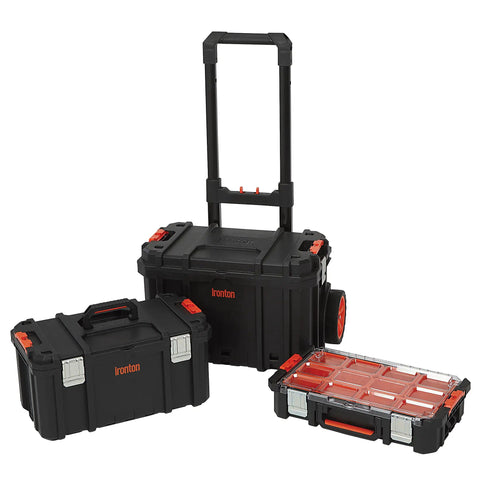 Workhorse Light Duty Modular Rolling Toolbox System With Telescopic Handle And Mobile Base With Two Rugged Rubber Wheels