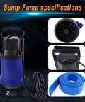 Heavy Duty Submersible Sump Pump with specifications, 1.1kW motor, hose and cord for basement drainage.