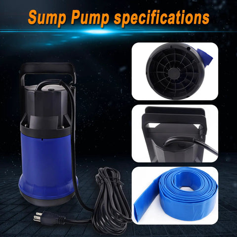 Heavy Duty Submersible Sump Pump with specifications, 1.1kW motor, hose and cord for basement drainage.