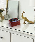 Rad Vintage Penang Rickshaw Ceramic Tile Jewelry Box Crafted From Polished Maple Wood Featuring Snug Recessed Hinged Lid And Ultra Cushioned Interior Solid Vanity Stash displayed on a dresser.