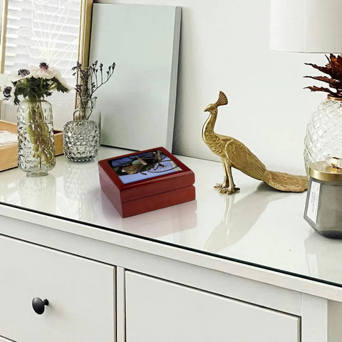 Rad Vintage Penang Rickshaw Ceramic Tile Jewelry Box Crafted From Polished Maple Wood Featuring Snug Recessed Hinged Lid And Ultra Cushioned Interior Solid Vanity Stash displayed on a dresser.