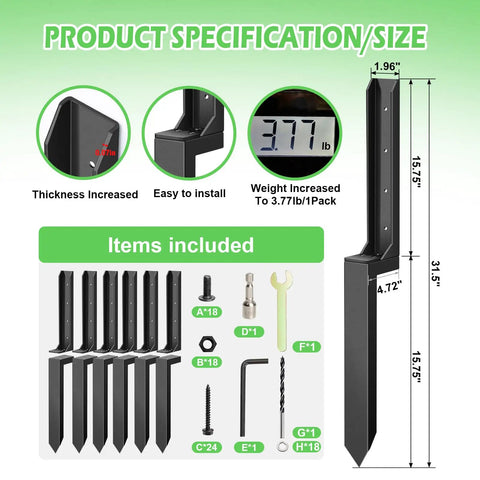 Image showing the Eight Pack Heavy Duty Fence Post Repair Stakes Kit with dimensions, weights, and included items for replacing tilted or broken wood posts with deep ground anchors easy install long lasting yard fence support.