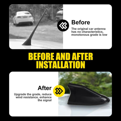 Before and after installation of 1 Piece Car Shark Fin Antenna Replacement Cap With ABS Painted Shark Fin Tail Waterproof Rubber Ring