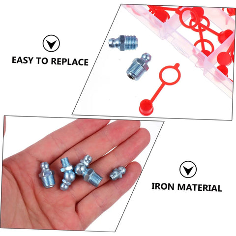Zerk Fitting 100Pcs Assortment Kit with Straight and Grease Nipples, zinc-plated iron fittings shown in hand and storage box.
