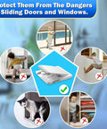 Image showing Easy Install Sliding Glass Door Lock For Child Safety And Pet Proofing, One Pack, with children and pet illustrations.