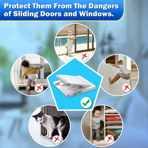 Image showing Easy Install Sliding Glass Door Lock For Child Safety And Pet Proofing, One Pack, with children and pet illustrations.