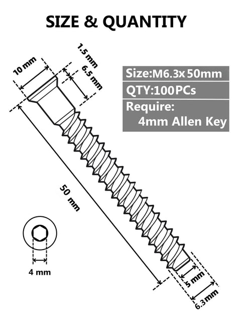 Diagram of M6.3 X 50mm hex socket countersunk self tapping furniture screws 100 pack carbon steel zinc plated with measurements