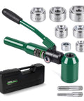 No Hassle Heavy Duty Hydraulic Knockout Punch And Electrical Conduit Hole Cutter Kit With Six Die Sets half to two inches and storage case.