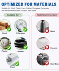 Chart showing materials suitable and not suitable for use with Four Piece Fine Grit Tungsten Carbide Rotary Burr Set With One Eighth Inch Shank.