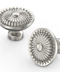 Top Shelf 10 Pack Brushed Satin Nickel Kitchen Cabinet Knobs Solid Heavy Duty Metal Drawer Pulls Rust Proof Hardware detailed view of two decorative knobs.