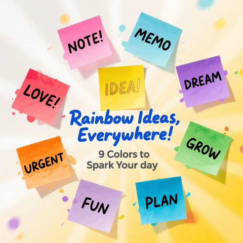 Bright Color 3x3 Sticky Notes Pack With 18 Pads And 50 Sheets Each Super Sticky Recyclable Note Set For Home Office School Vibrant 9 Color Assortment Easy Organization On Point Reminders displayed with various inscriptions.
