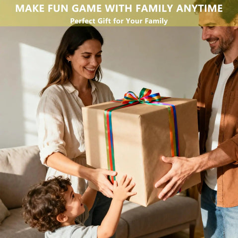 Family enjoying time together unwrapping a gift, emphasizing fun and connection, with Giant Wooden Tumbling Tower 5.3 Feet Tall With 60 Premium Pieces Total Blast Outdoor Stacking Game.