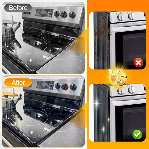Stove Gap Covers 25.6 Inch Long And 0.4 Inch Wide Aluminum Gap Guards, before and after kitchen counter with stove images.