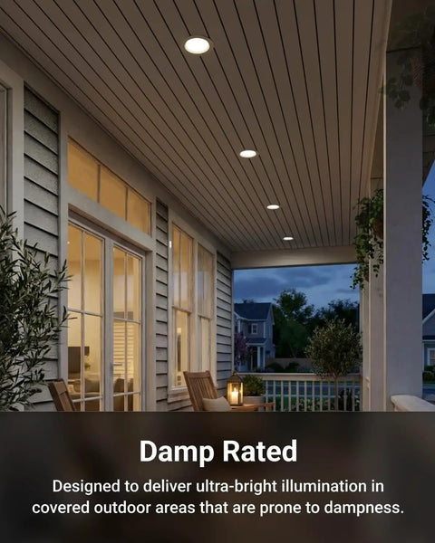 4 Pack 6 Inch Led Flat Recessed Lighting 5Cct Adjustable Ultra Thin 12W in damp-rated outdoor ceiling for bright illumination.
