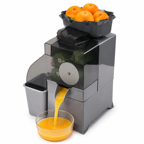 Heavy Duty Commercial Automatic Citrus Juicer Machine High Output Electric Orange Lemon Squeezer Extractor With Auto Pulp Separation Stainless Steel Fruit Press For Juice Bars And Restaurants pouring fresh juice into a bowl.