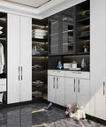 Modern closet with 10 Inch Hole Center Matte Black Cabinet Pulls Set of 5 Modern Bar Handles on white doors